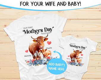 Our First Mother's Day Shirt, Mommy And Me Outfits, 1st Mothers Day, Cow Shirt, First Time Mom Gift, Newborn Baby, Baby Bodysuit - FPM024