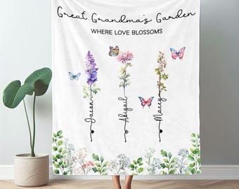 Great Grandma Gifts, Birth Month Flower Name Blanket, Personalized Blanket For Grandma, Mothers Day Custom Grandma Gift For Christmas FPG015
