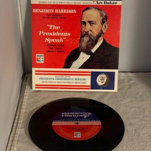 May include: A red, white, and blue record album cover with a picture of Benjamin Harrison, the 23rd president of the United States. The cover features the text "Presidential Profiles" and "The Presidents Speak".