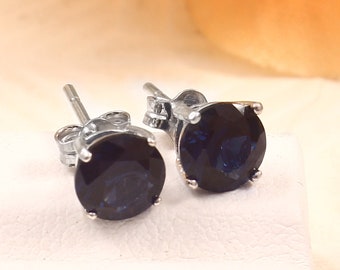 Lab Sapphire Sterling Silver Stud Earrings, 6mm Round, September Birthstone