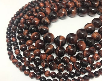 AAA Natural Tiger Eye Bead, 6/8/12 & 14MM Smooth Round Red Tiger Eye Bead Necklace, 6 to 12 -14 mm, 16 Inch Strand Bead ( # 1165-Red)