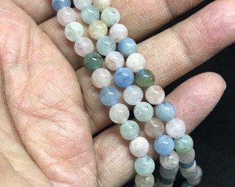天然アクアマリン＆モルガナイトビーズ、6 mm ラウンドアクアマリン