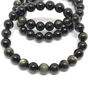 Bracciale in ossidiana nera naturale, braccialetto elastico con pietra preziosa nera rotonda da 8 mm, braccialetto unisex con pietra curativa di protezione liscia (JB-0074)