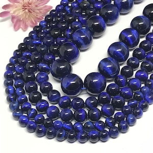 Perles d'Oeil de Tigre Bleu, collier, Rond Uni 6 à 14 mm, 16 pouces, Nouveau, Unique en son genre, très créatif.(#1165)