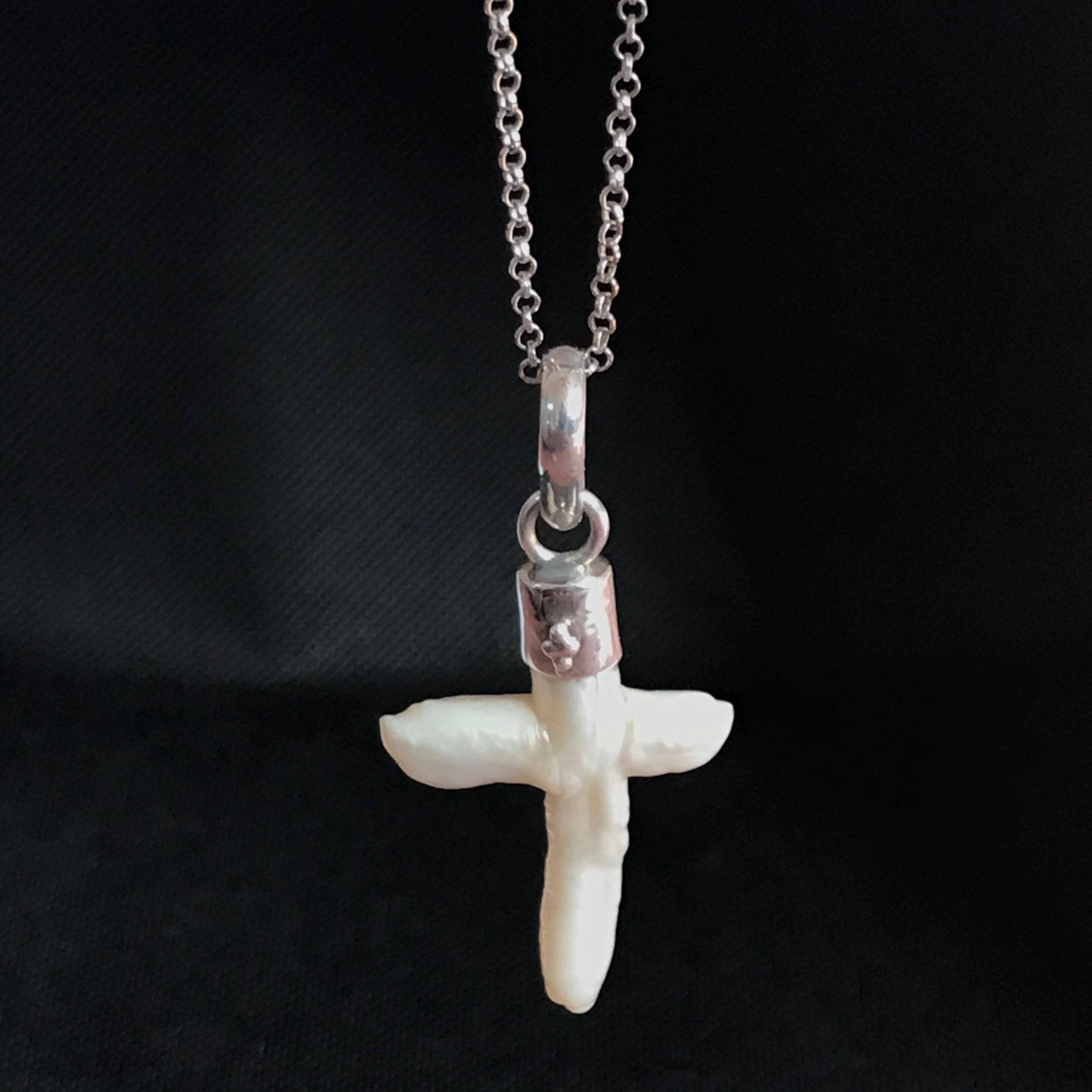 Pendent, Freshwater Pearl CROSS With Free Sterling Silver