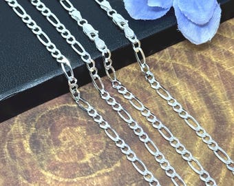 Sterling Silver Figaro Chain Necklace, 925 Sterling Silver Curb Chain For Women/Men,  Bead Station Chain, Lobster Clasp