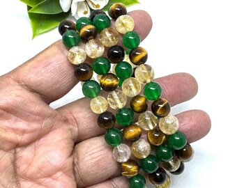 Exceptional green jade & Yellow Tiger eye ,Rutilated Qtz Bracelet, 8 mm  , Gemstone Adjustable length Bracelet