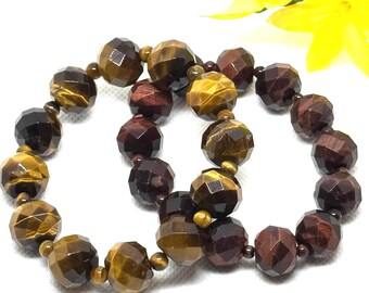 Exceptional Red & Yellow Tiger eye Bracelet, 15mm Round Faceted , Gemstone Adjustable Bracelet