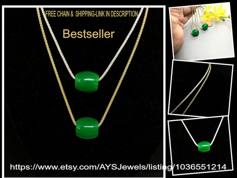 Pu&ograve; includere: Una collana con un ciondolo di giada verde su una catena d'oro e d'argento. La collana &egrave; un best seller e viene fornita con una catena e la spedizione gratuite. L'indirizzo del sito web &egrave; mostrato nella parte inferiore dell'immagine.