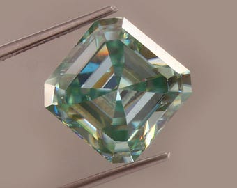 Green Blue Moissanite, Asscher cut Moissanite Gemstone For Ring/Jewelry Making, 12mm 9.2ct Loose big Gemstone, April Birthstone for ring