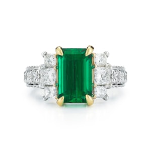 Natural Emerald Engagement Ring,18k Solid White Gold, GIA Certified 3.73ct Emerald with Diamond Ring For Women, Step Cut Zambian Emerald