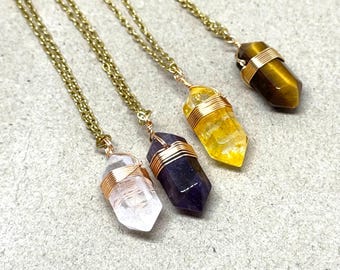 Pendant Natural White Quartz, Citrine, Tiger eye, Aventurine, Double Terminated ,gift For women ,adjustable length with chain.Charm necklace
