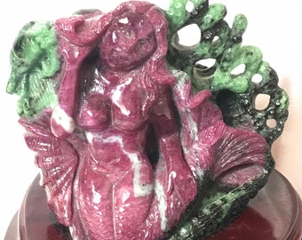 100% Natural Ruby, Zoisite Ruby, Mermaid Exceptional hand Crafted Carving Rare Ruby Piece, Red Beautiful Green Zoisite Ruby