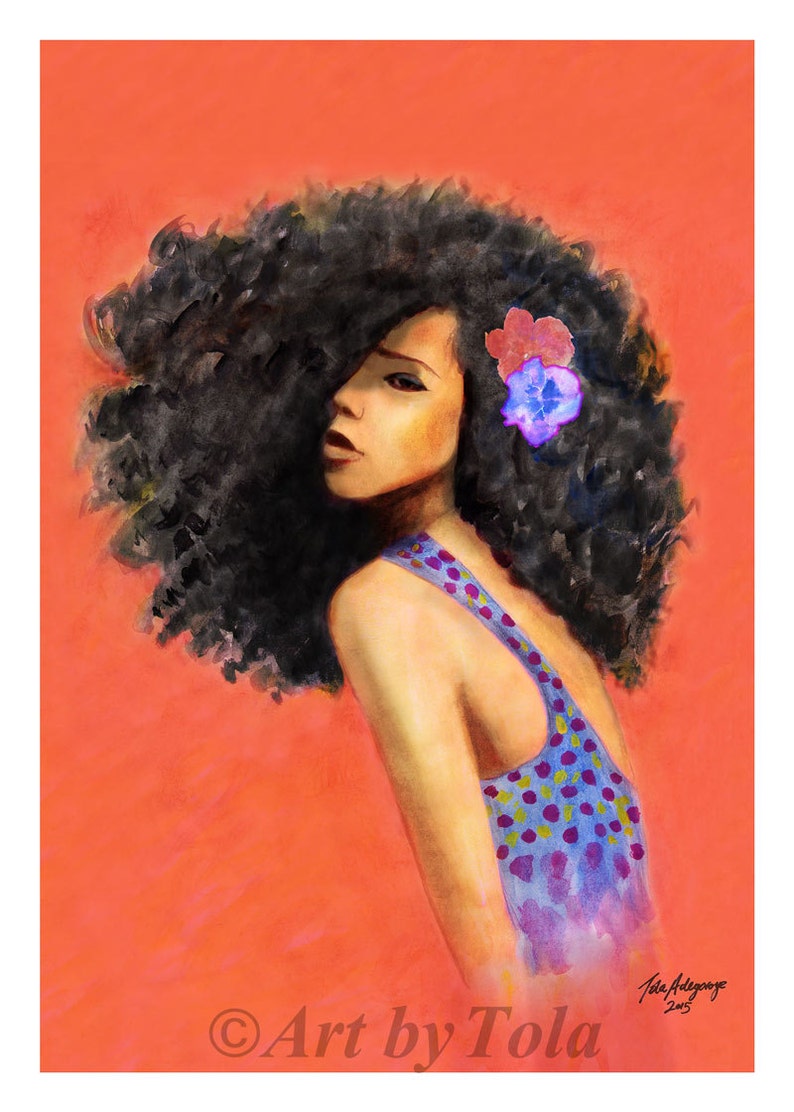May include: A painting of a woman with long, curly black hair. She is wearing a blue and purple polka dot dress and has a flower behind her ear. The background is a solid orange color. The painting is signed "Tola Alegroye 2015" and has the text "Art by Tola" at the bottom.