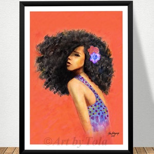 May include: A painting of a woman with long, curly black hair. She is wearing a purple and green patterned tank top and has a flower in her hair. The background is a bright orange color.