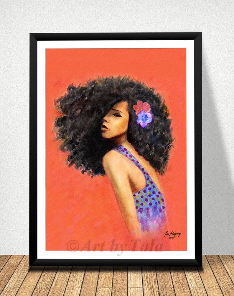 May include: A painting of a woman with long, curly black hair. She is wearing a purple and green patterned tank top and has a flower in her hair. The background is a bright orange color.