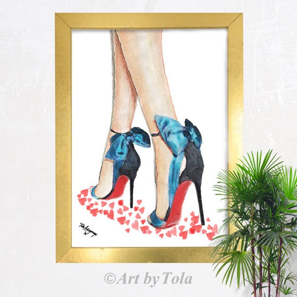 Louboutin Blue Bow High Heels Shoes Fine Art Giclee Print from Original Aquarell Fashion Illustration Artwork