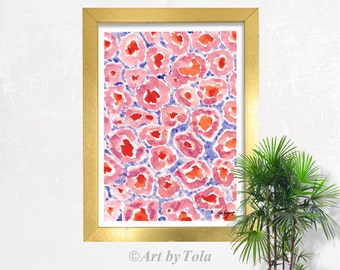 May include: A framed watercolor painting featuring a pattern of pink and red abstract flowers on a blue background.