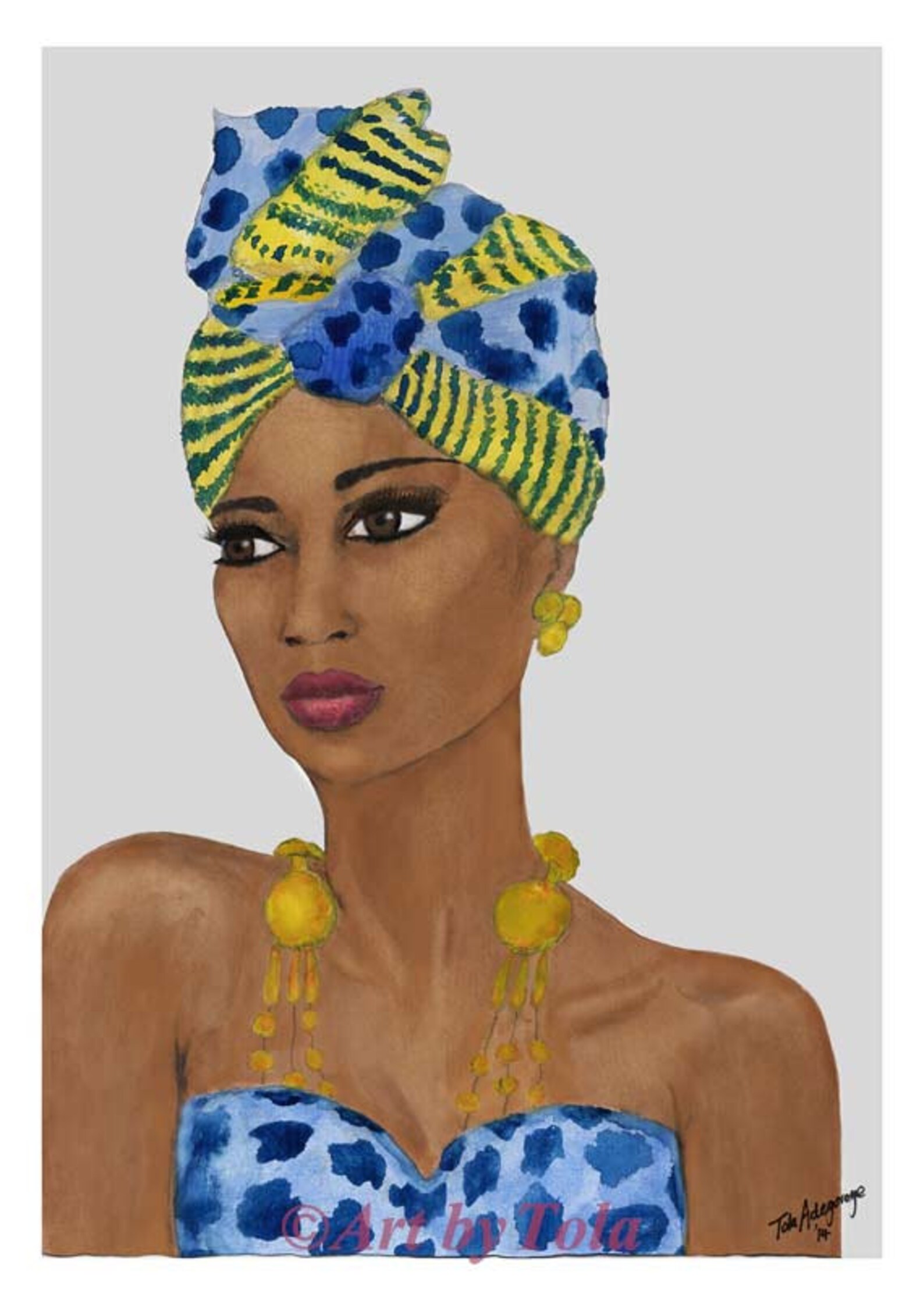 African Woman Blue Yellow Headwrap Fine Art Giclee Print From Original Artwork Watercolor