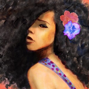 May include: A woman with long, dark curly hair and a flower behind her ear. She is wearing a colorful patterned strap top and looking to the side.