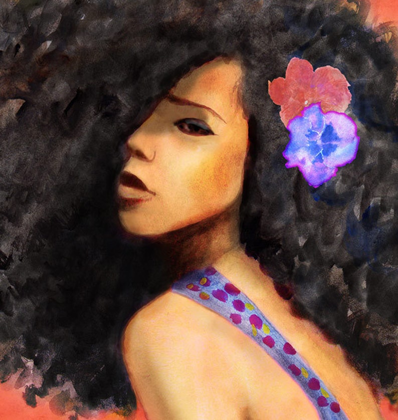May include: A woman with long, dark curly hair and a flower behind her ear. She is wearing a colorful patterned strap top and looking to the side.