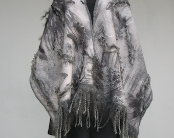 Gray Black Felted scarf, wool wrap, Nuno felt Shawl, gothic scarf, Large cape, shawl with curls, scarf with flowers, animals, felt art