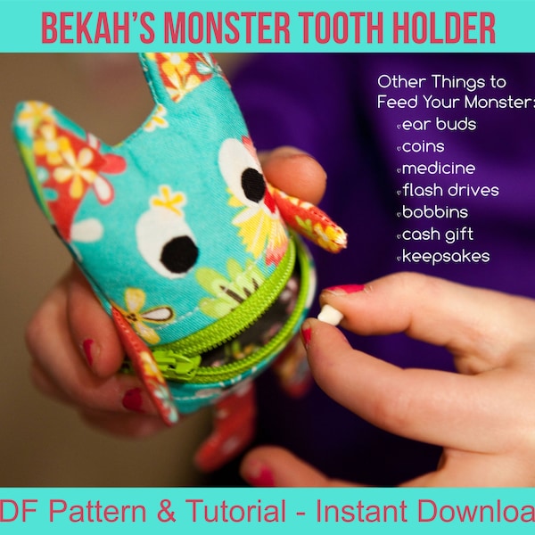 Bekah's Monster Tooth Holder - pdf Sewing Pattern and Tutorial - Ear bud pouch, cash gift holder, coin purse, lost tooth fairy pillow