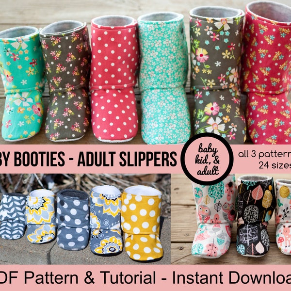 Bootie Pattern Bundle - Baby, Kids, Tween/Adult, and Doll Bootie Sewing Patterns - PDF Instant Download - House Slippers Boots DIY Maggie