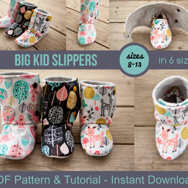 Big Kid Slipper Pattern - pdf Sewing Pattern for Big Kids' Slippers - Boot Pattern - Crafts for Kids - DIY House Slippers