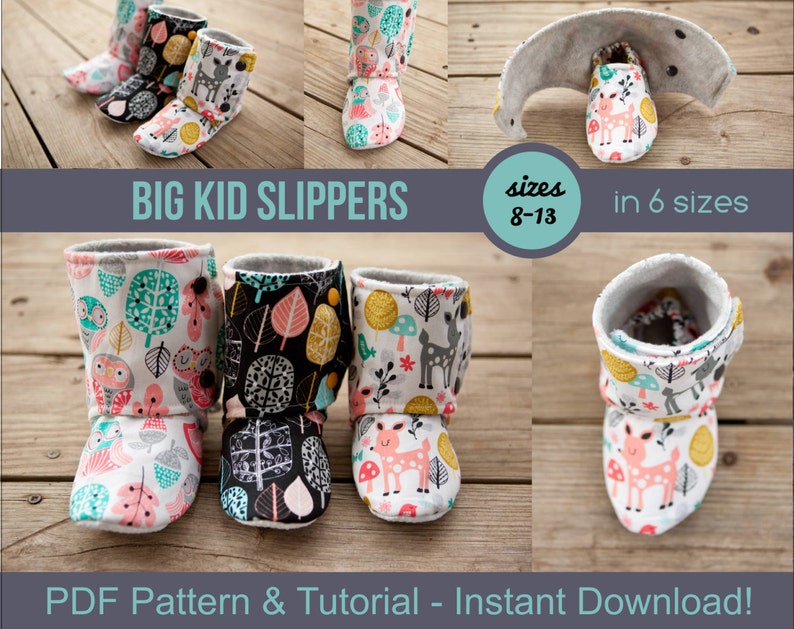 May include: A PDF pattern and tutorial for making big kid slippers in six sizes, from 8 to 13. The slippers are shown in three different fabric designs: owls and leaves, black and white leaves, and deer and mushrooms. The image also shows the slippers turned inside out to show the construction.
