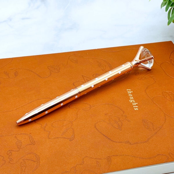 Rose Gold with White Polka Dots Diamond Top Pen, refillable pen, metal ballpoint pen