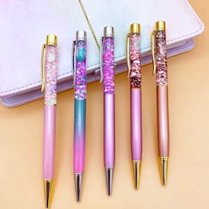 Pink Floating Glitter Pen: Metal Refillable Ballpoint Pen