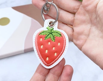 Embroidered Strawberry Keychain: Marine Vinyl Bag Charm