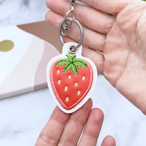 Embroidered Strawberry Keychain: Marine Vinyl Bag Charm