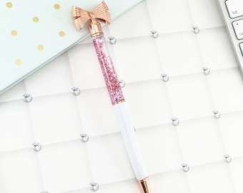 Rose Gold and White Bow Pen with Pink Floating Glitter