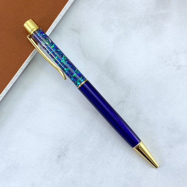 Royal Blue Ballpoint Pen with Floating Glitter & Gold Hardware