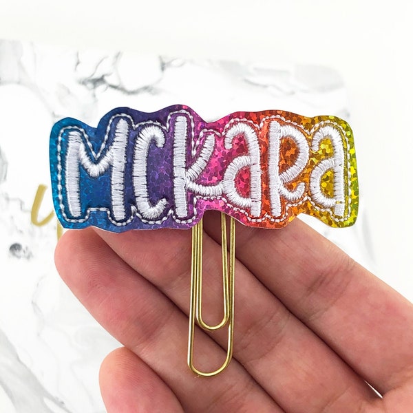 Personalized Rainbow Name Paper Clip: Embroidered Planner Bookmark