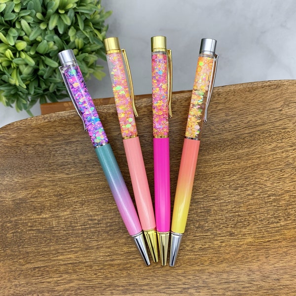 Sunset Shores Glitter Pens: Beach-Inspired Ballpoint Pens with Floating Glitter - Ombre Ocean Breeze, Golden Hour, Coral Reef, Neon Paradise