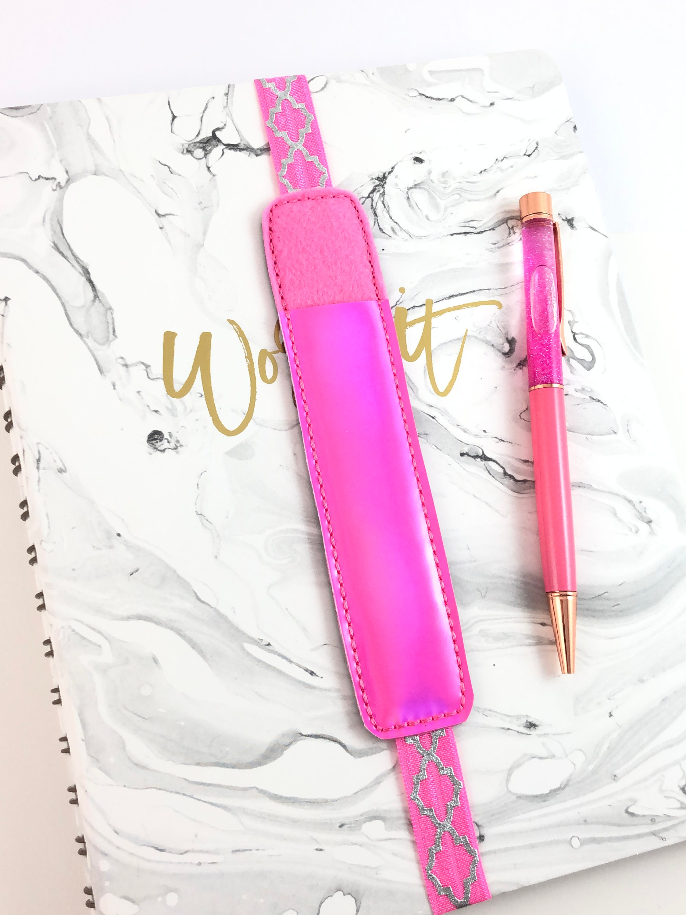 Holographic Hot Pink Notebook Pen Holder, Planner Pen Holder, Pen