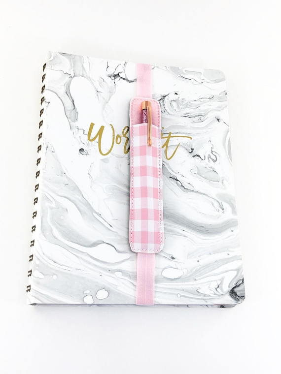 Pink Gingham Single Pen Holder for Notebook, Planner Pen Holder