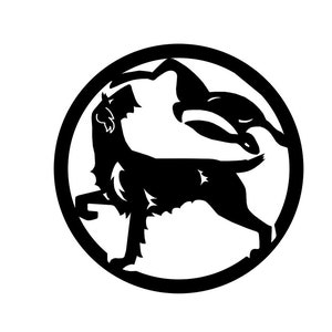 Puede incluir: Ilustración en blanco y negro de un perro con la cabeza girada hacia un lado, dentro de un círculo.