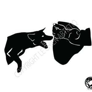 May include: Black and white silhouette illustration of a dog lunging at a hand with a closed fist. The dog is in a defensive posture with its teeth bared. The hand is in a defensive posture with the fist closed.