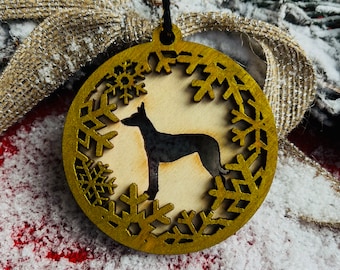 Podenco ibicenco Wood engraved with snow ring Dog silhouette ornament