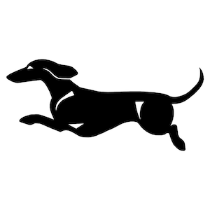 May include: Black silhouette of a dachshund running. The dog is in mid-air with its legs extended.