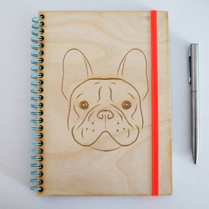 Wooden A5 notebook engraved with French Bulldog dog head image 1