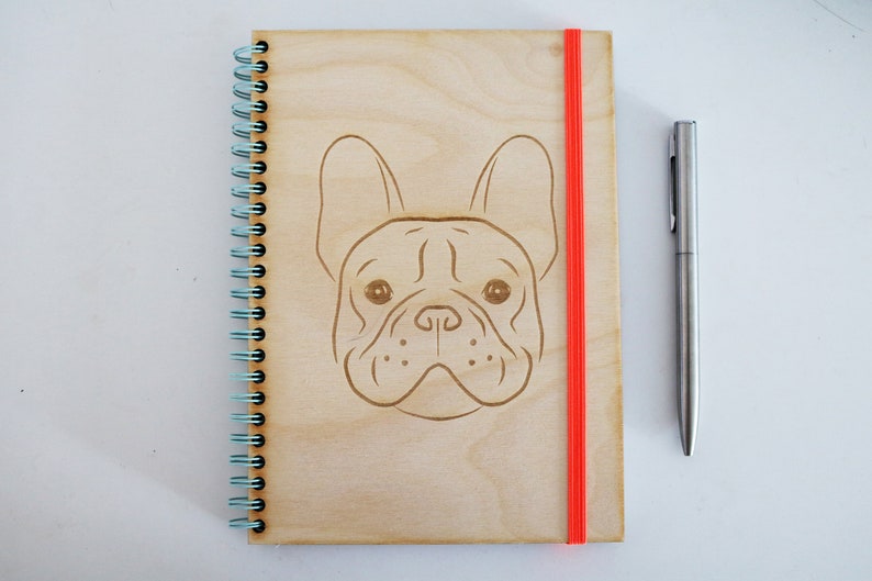 Wooden A5 notebook engraved with French Bulldog dog head image 1