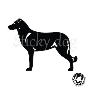 May include: Black silhouette of a dog standing on a white background. The dog is facing left and has a long tail. The image is titled "Sticky Dog".