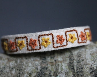 Embroidered Bracelet Yellow Brown Flowers Ethnically Feminine Handmade Hand Stitched