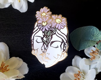 Romantic Gold Enamel Pin – 2.25″ Hard Enamel “Imaginem” Pin, Fantasy Flower & Statuette Jewelry, Aesthetic Pin