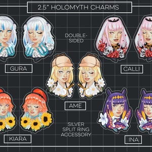 Hololive EN Holomyth Vtuber 2.5&quot; Double-Sided Keychain Charms - Calli - Gura - Amelia - Ina - Kiara